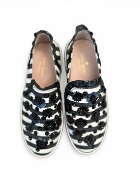 Kate Spade Striped Slip On Sneakers Floral Embellished Black White